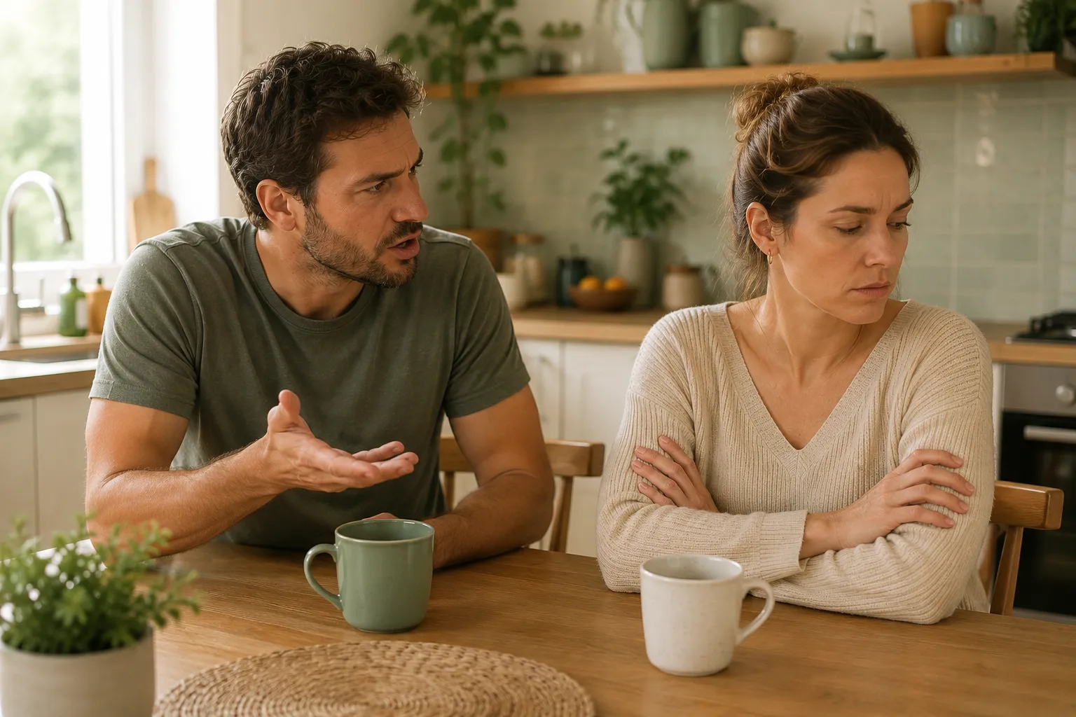 Pareja sin lograr entenderse en la cocina — terapia de pareja para la comunicación