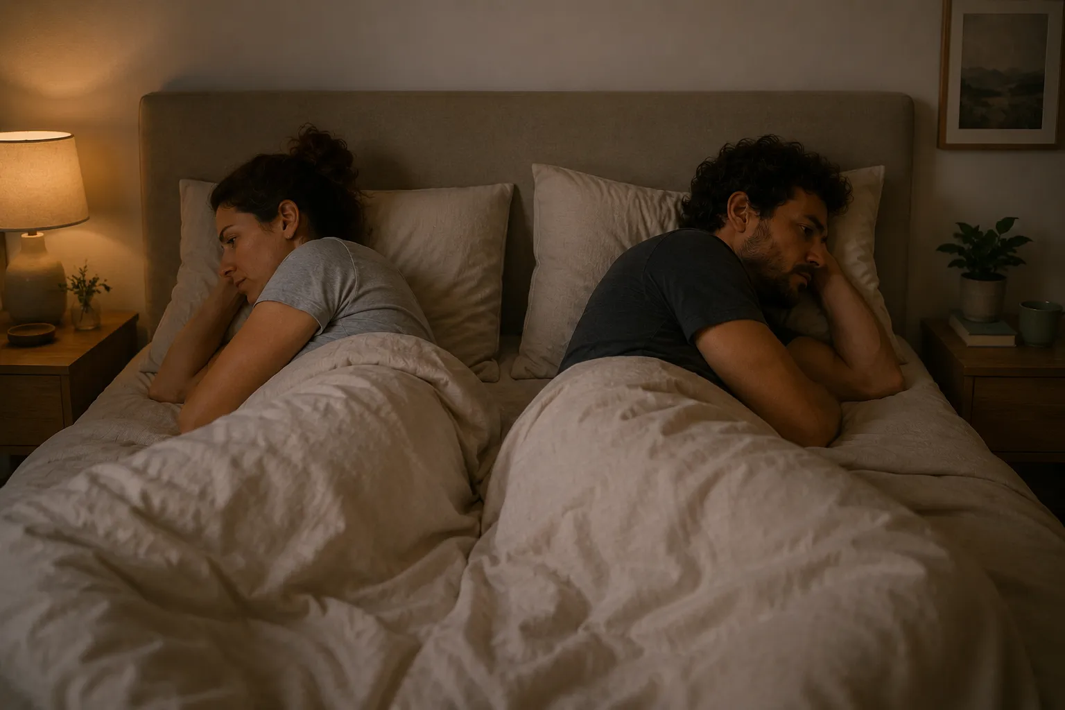 Pareja distante en la intimidad, de espaldas en la cama — terapia de pareja