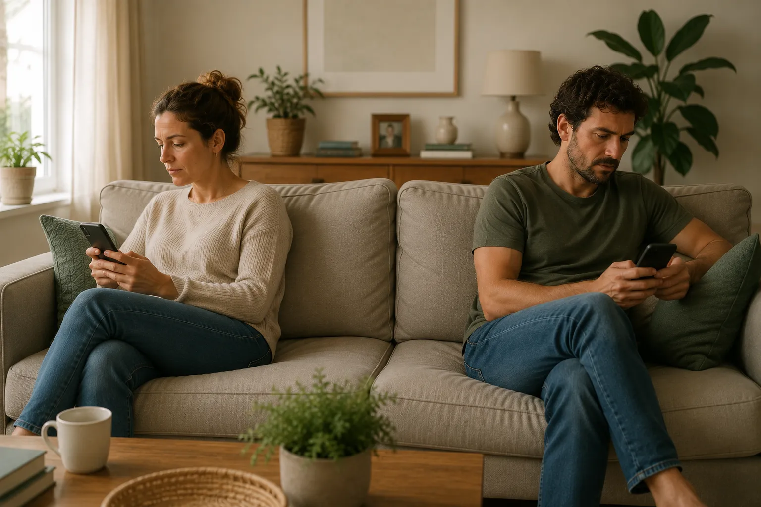Pareja desconectada emocionalmente en el sofá, cada uno con su móvil