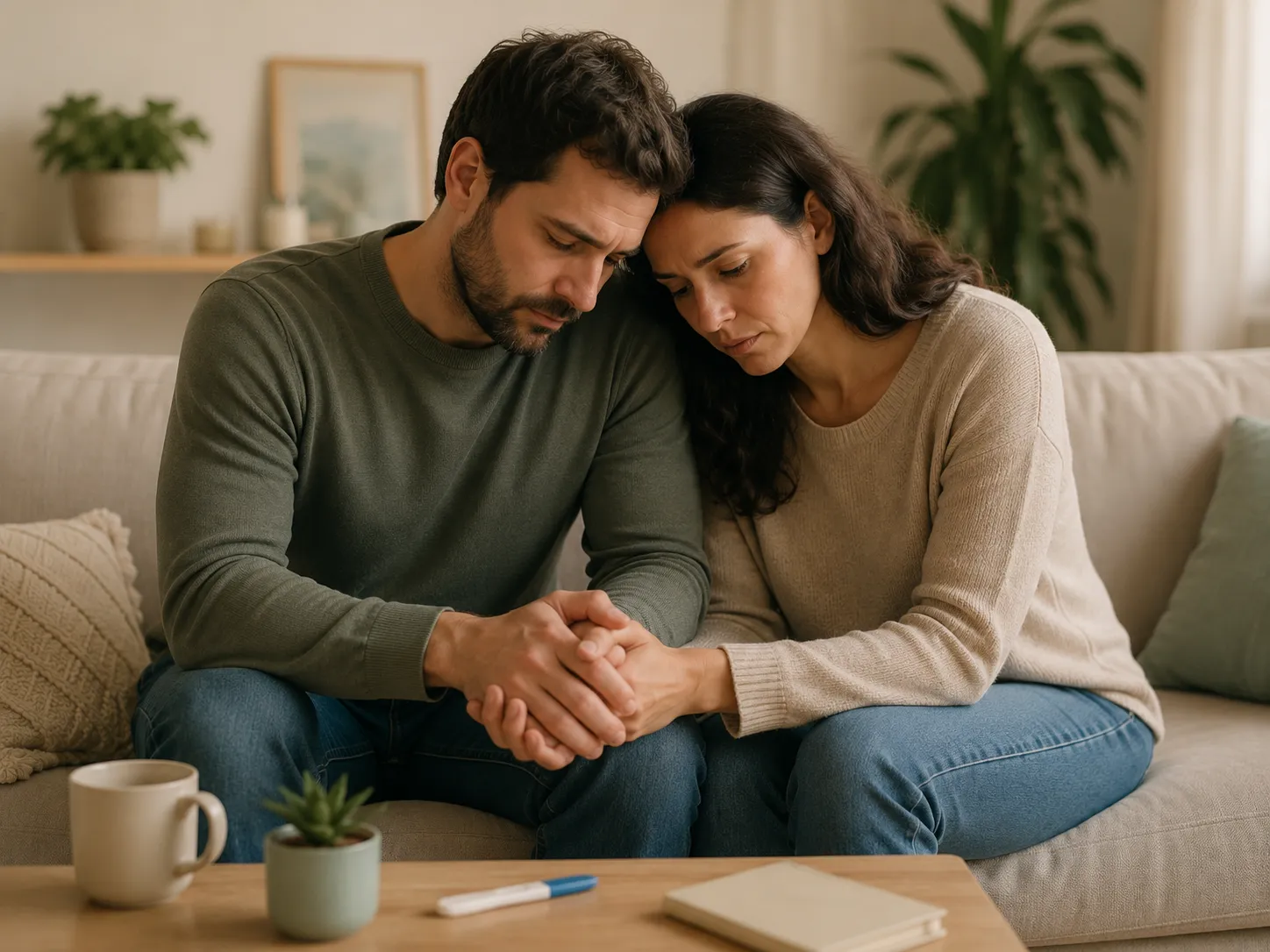 Pareja acompañándose en un proceso difícil de duelo o reproducción asistida