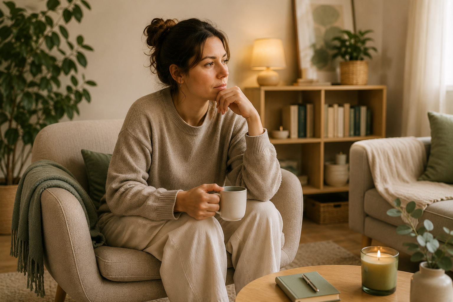 Mujer reflexionando sobre el deseo y la decisión de ser madre — preparación emocional a la maternidad y la paternidad