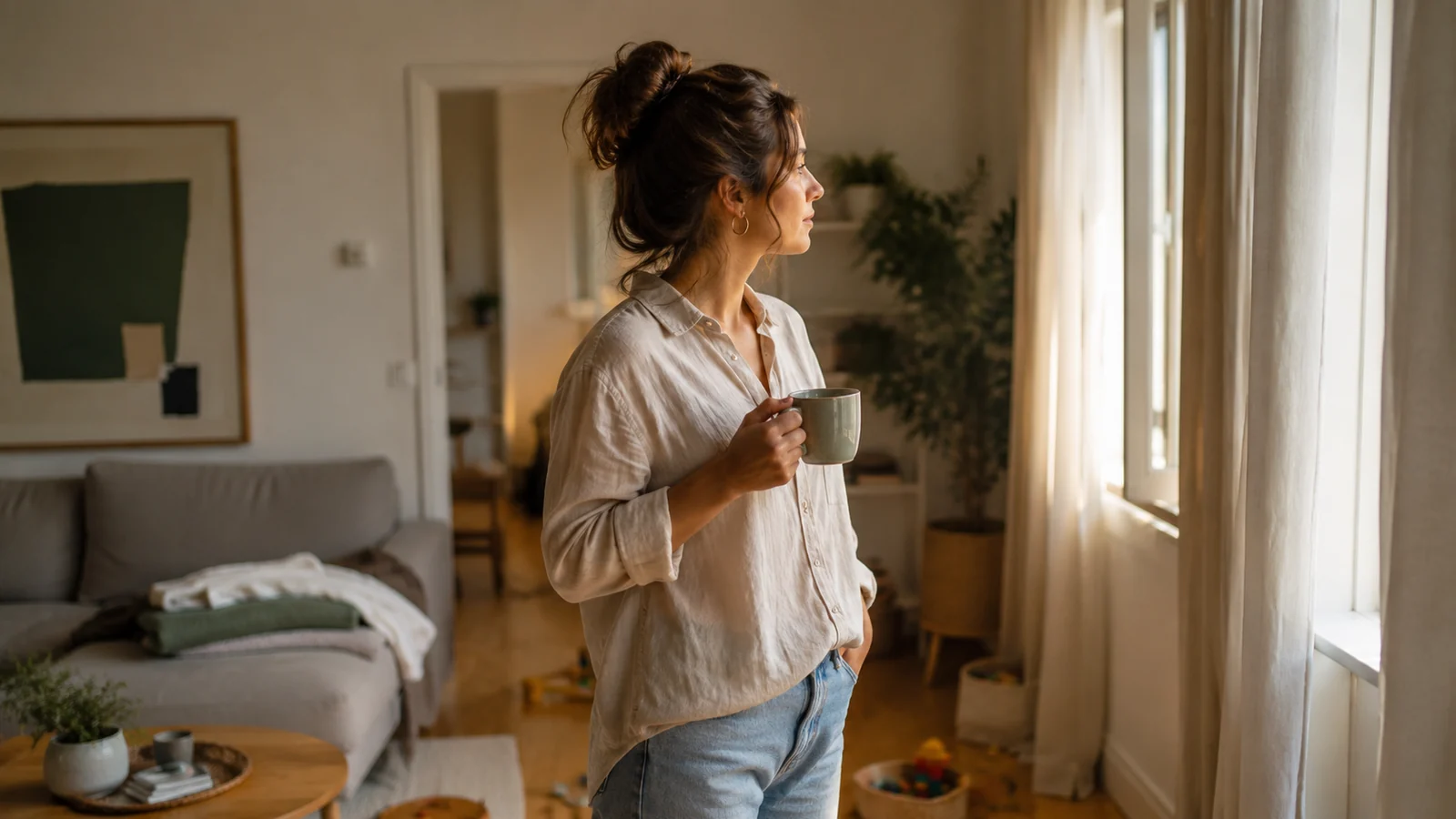 Mujer en un momento cotidiano reflexionando sobre su identidad materna