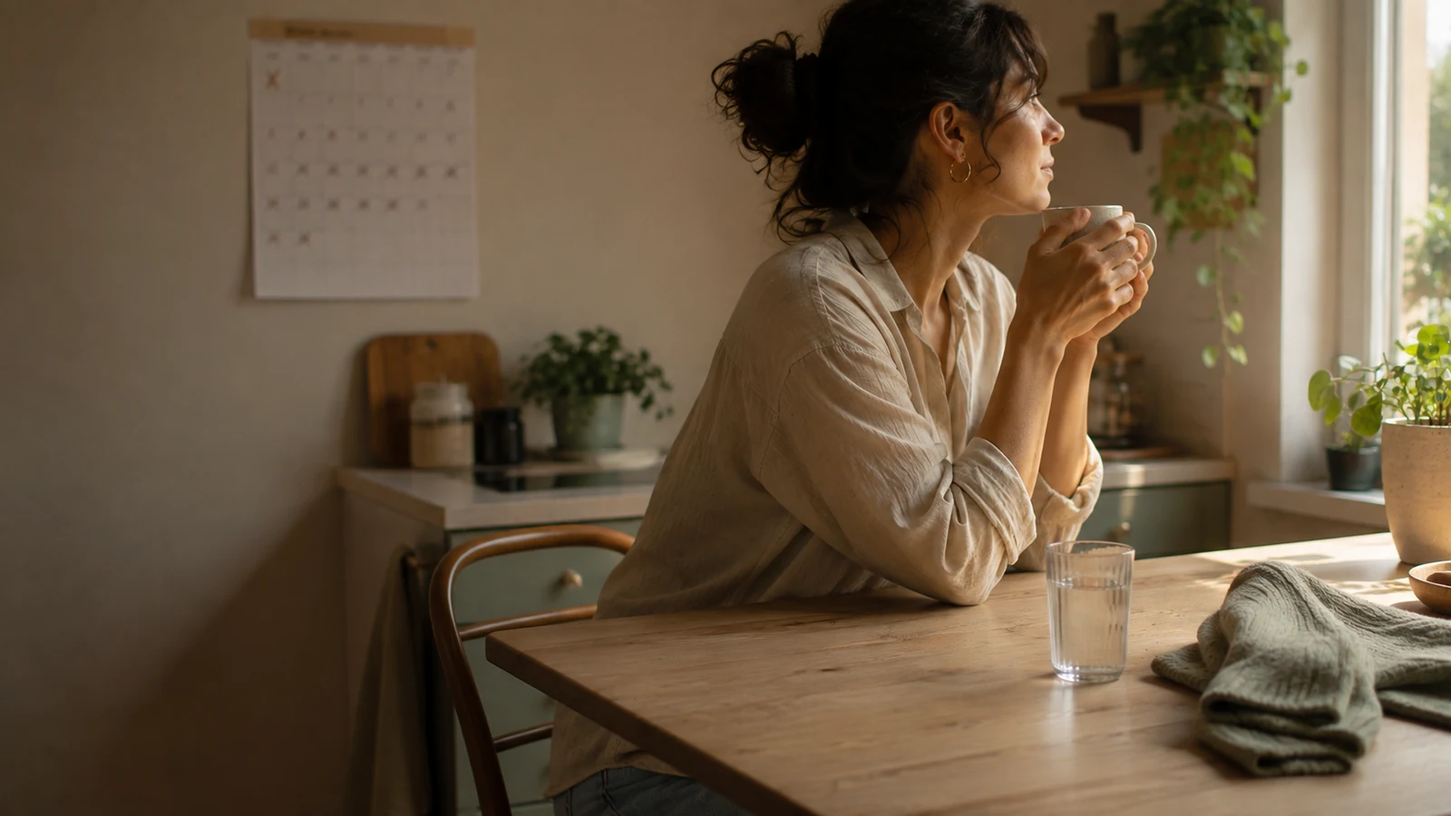 Mujer sentada de perfil a la mesa de su cocina, con una taza entre las manos y la mirada hacia la ventana. En la pared, un calendario con varios días marcados.