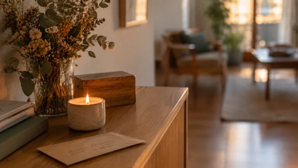 Vela encendida junto a una cajita de madera, un sobre escrito a mano y un jarrón con flores secas sobre una cómoda