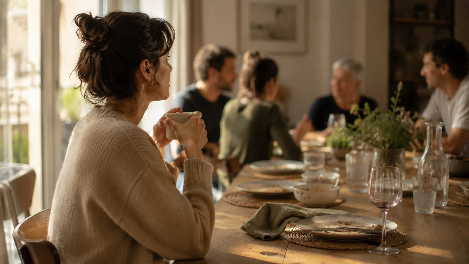 Mujer sentada de perfil en una comida familiar, girada hacia la ventana mientras la conversación sigue a su alrededor